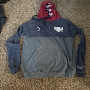 Men's Gray and Blue Hoodie with Red Hood